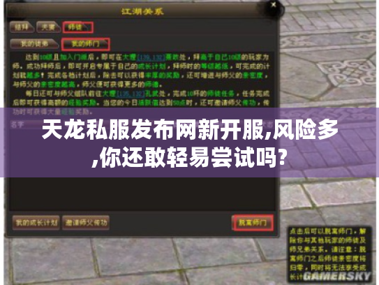 天龙私服发布网新开服,风险多,你还敢轻易尝试吗?